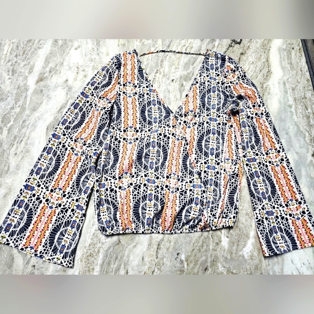 Paper Crane Boho Print Long Sleeve Blouse Women’s Small Multicolor
